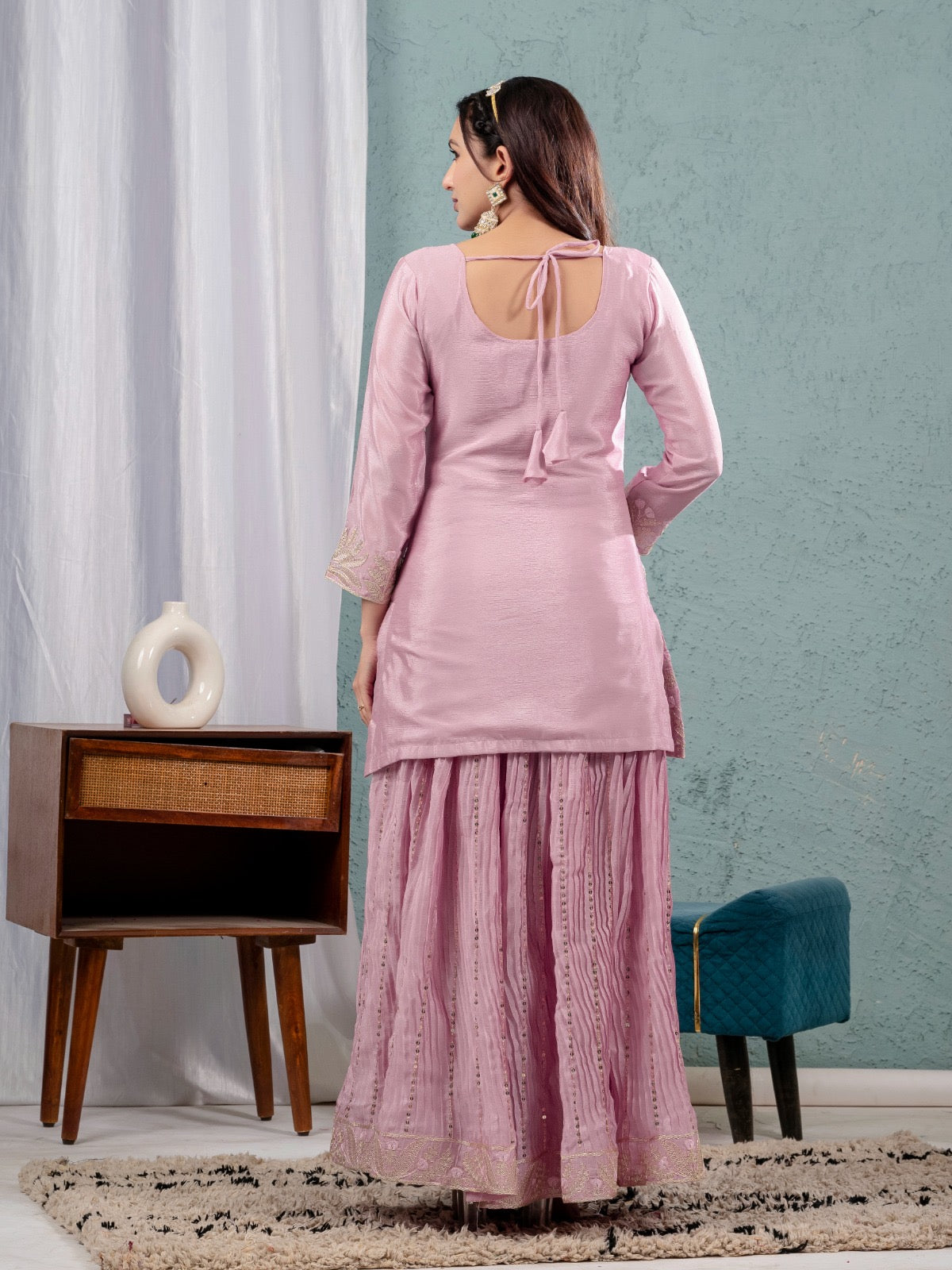 Luxury Partywear Sharara Suit – Chinnon Silk & Sequence Work (ND-5023)