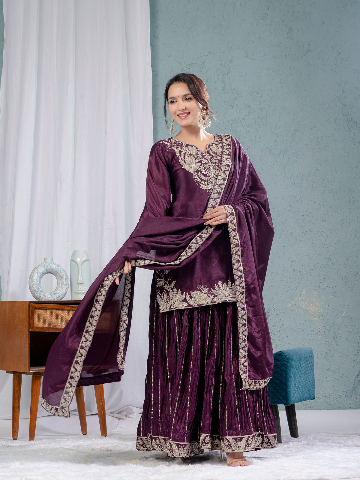 Luxury Partywear Sharara Suit – Chinnon Silk & Sequence Work (ND-5023)