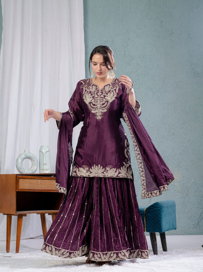 Luxury Partywear Sharara Suit – Chinnon Silk & Sequence Work (ND-5023)