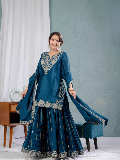Luxury Partywear Sharara Suit – Chinnon Silk & Sequence Work (ND-5023)