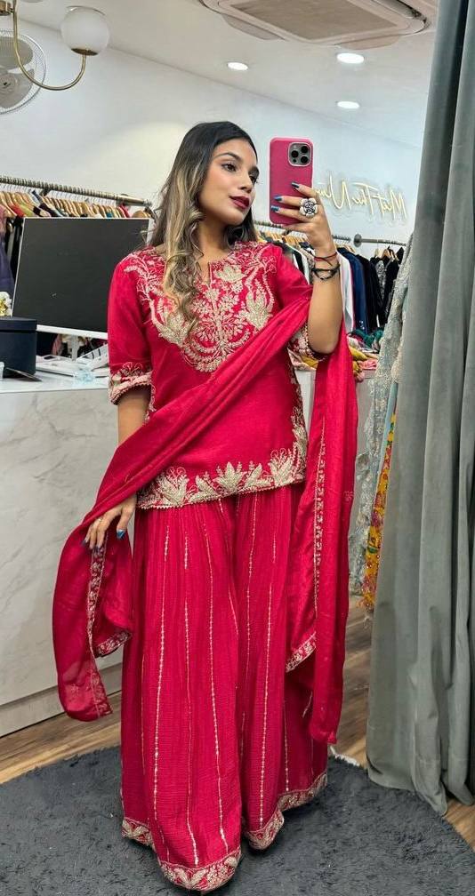 Luxury Partywear Sharara Suit – Chinnon Silk & Sequence Work (ND-5023)