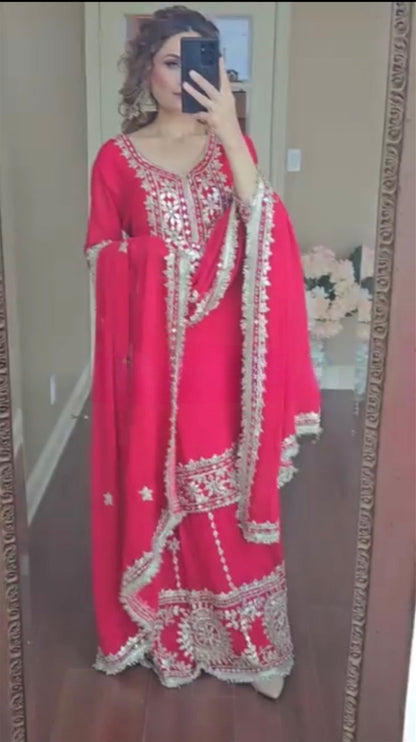 Premium Designer Party Wear Set | Heavy Embroidered Top, Palazzo & Dupatta