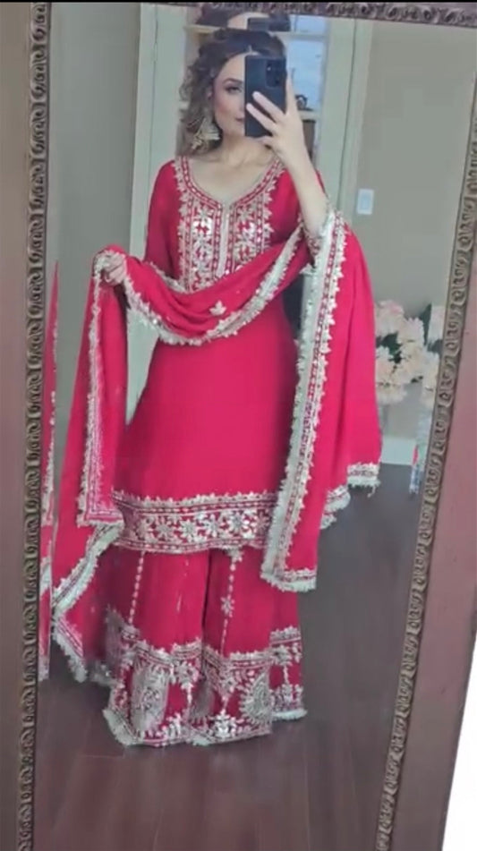 Premium Designer Party Wear Set | Heavy Embroidered Top, Palazzo & Dupatta