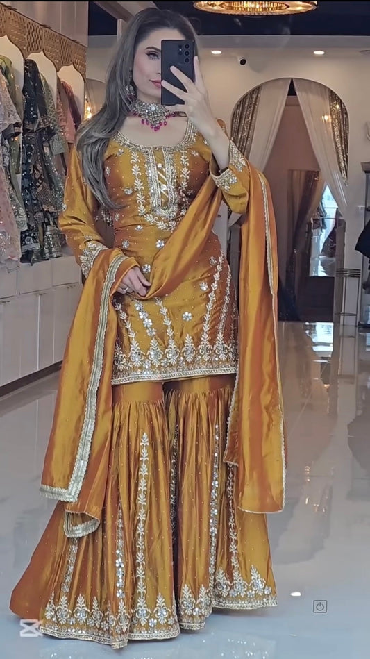 esigner Party Wear Chinnon Silk Sharara with Dupatta-ND5036
