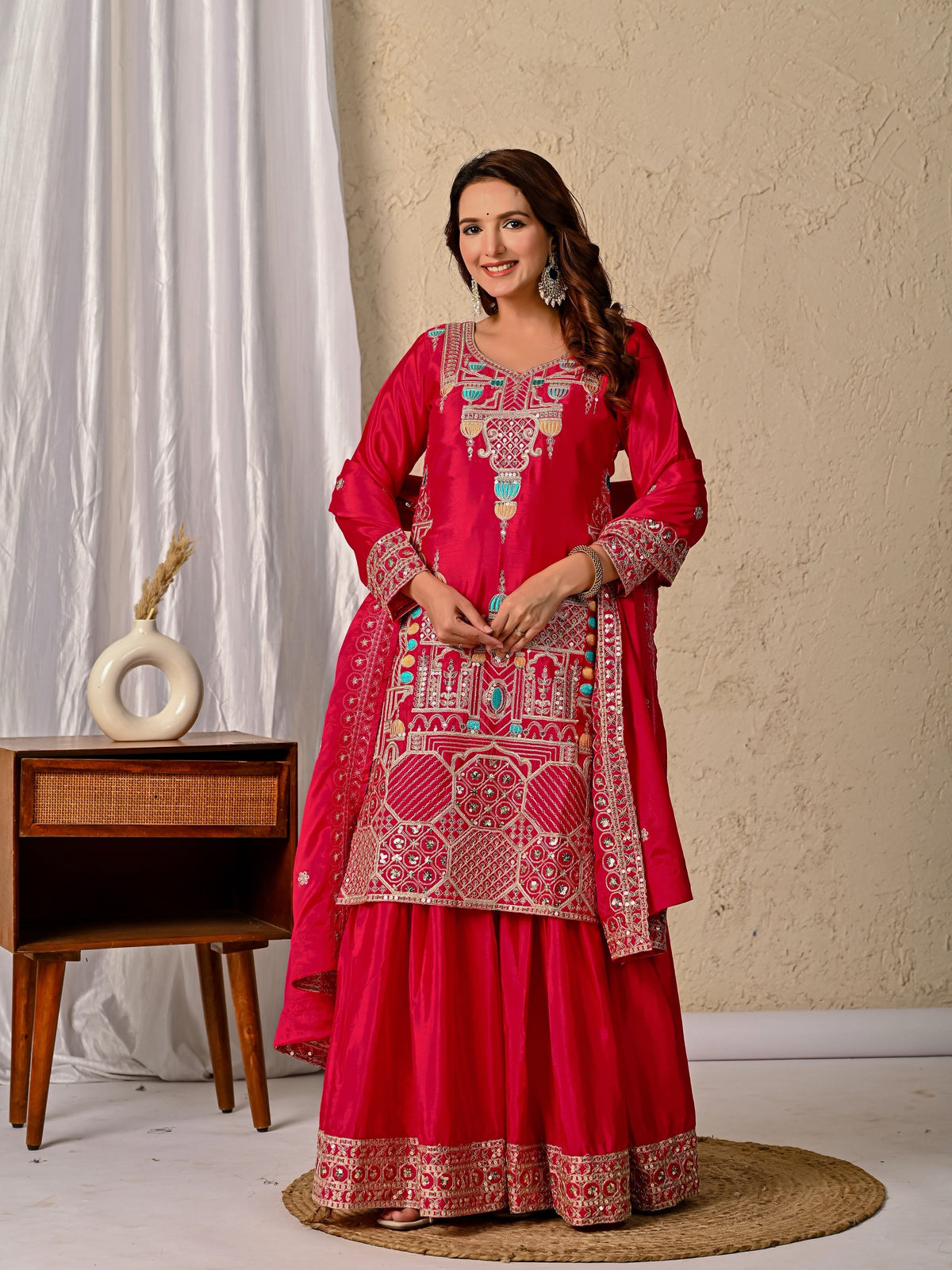 Chinnon Silk Party Wear Top Sharara Palazzo Dupatta Set ND-5047 (63)