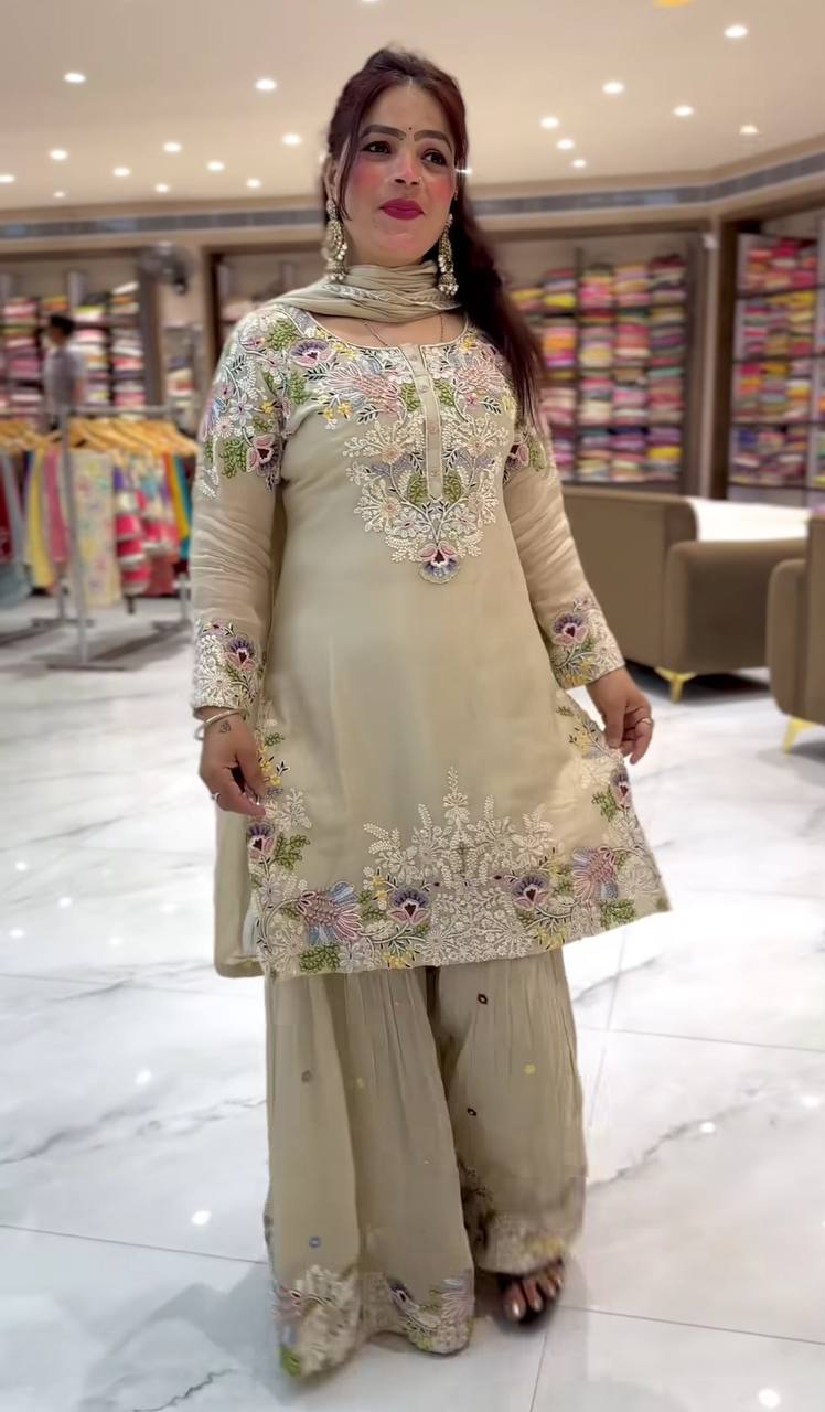 Elegant Embroidered Crepe Party Wear Sharara Palazzo Suit (ND-5046)