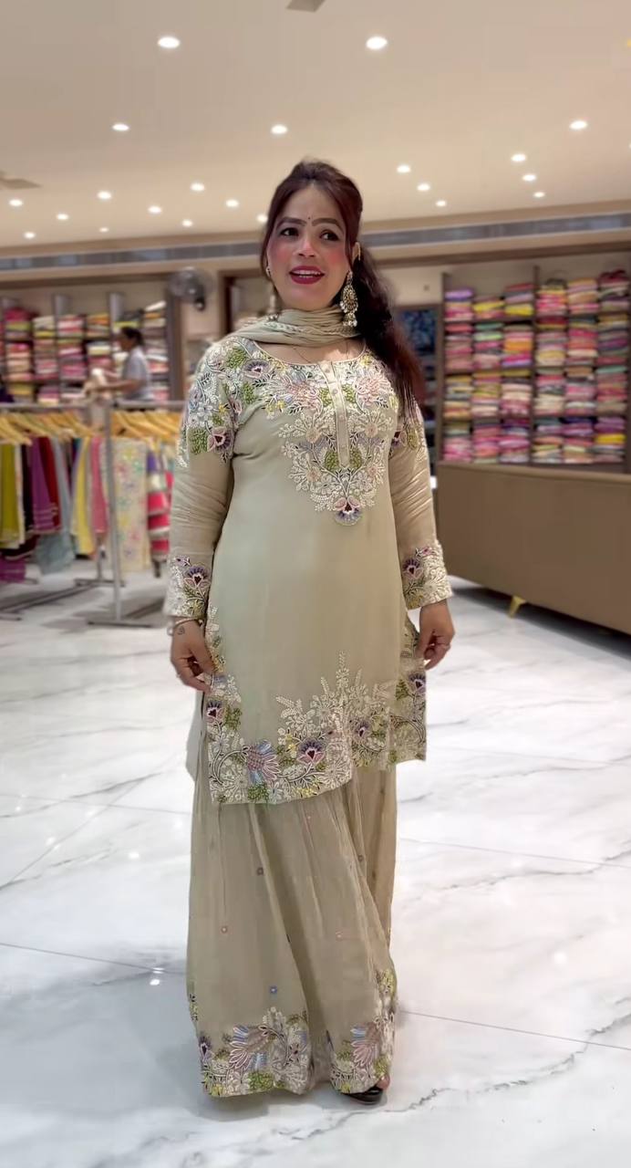Elegant Embroidered Crepe Party Wear Sharara Palazzo Suit (ND-5046)