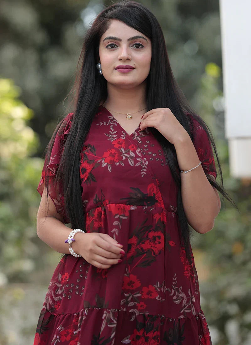 Georgette Flower Printed Western Midi Dress