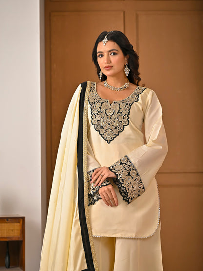Your Designer Studio Roman Silk Embroidered Kurta Sharara Set with Dupatta