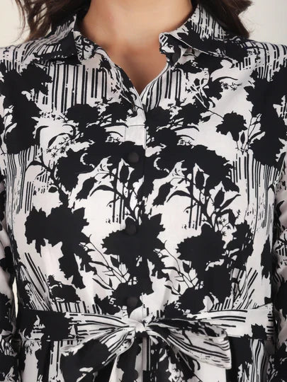 Soft Cotton Abstract Flared Black Dress