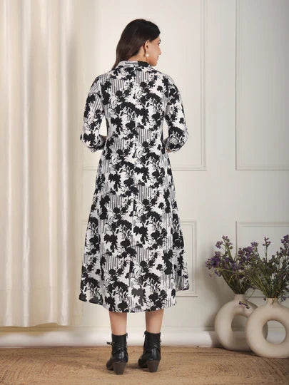 Soft Cotton Abstract Flared Black Dress