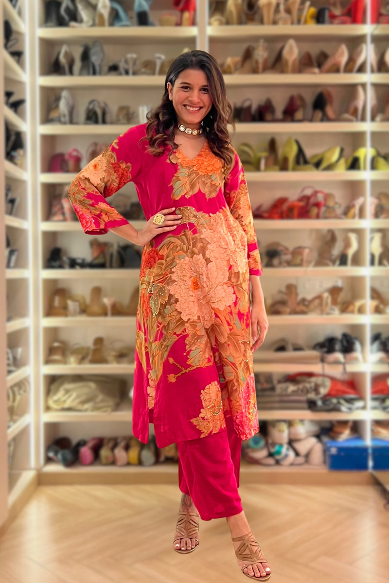 Floral Printed Kurta & Pant - Embroidered - Set of 2 - Pink - Muslin Silk