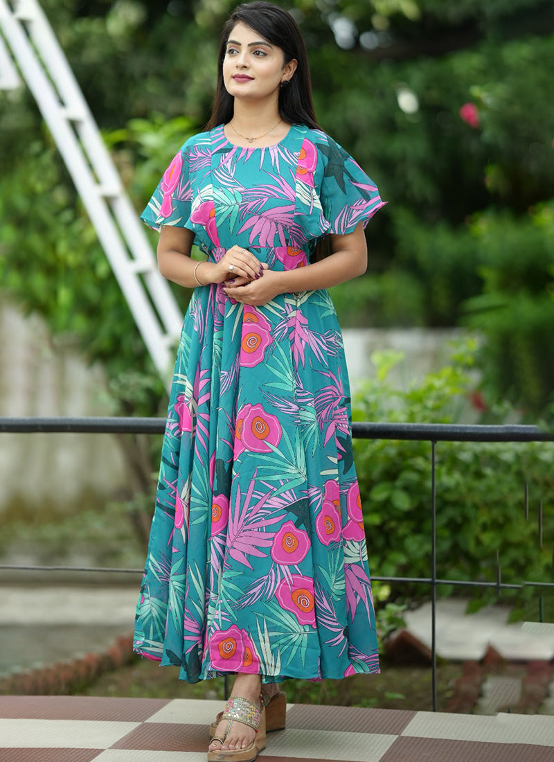 Turquoise Floral Printed Georgette Party Wear Dress