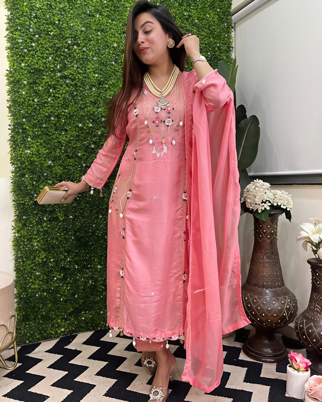 Featuring beautifully Crafted Pure Roman Silk Suits in beautiful Colours, which are decorated with finest sequence & Cowry Embroidery Work (RRRD02)