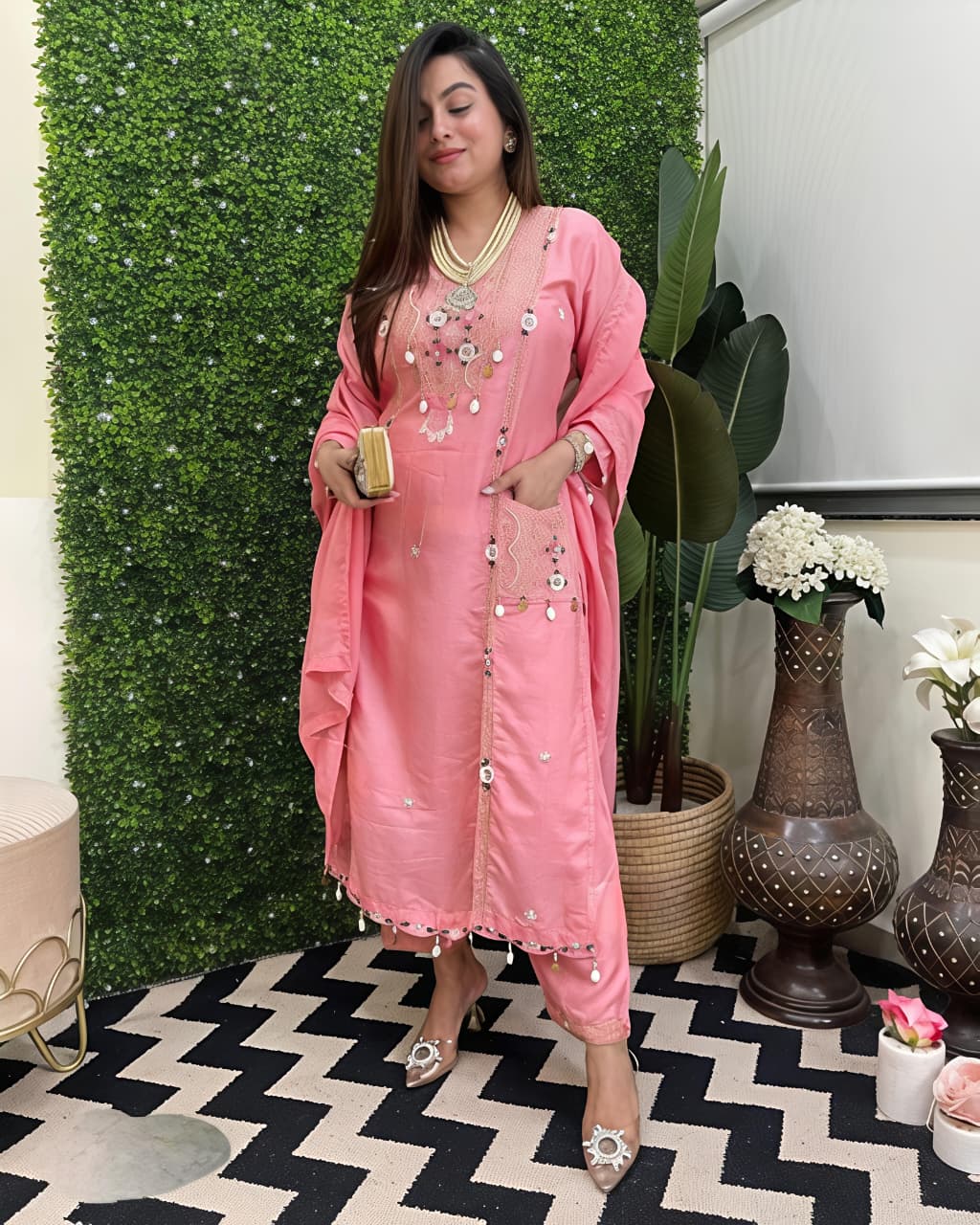 Featuring beautifully Crafted Pure Roman Silk Suits in beautiful Colours, which are decorated with finest sequence & Cowry Embroidery Work (RRRD02)