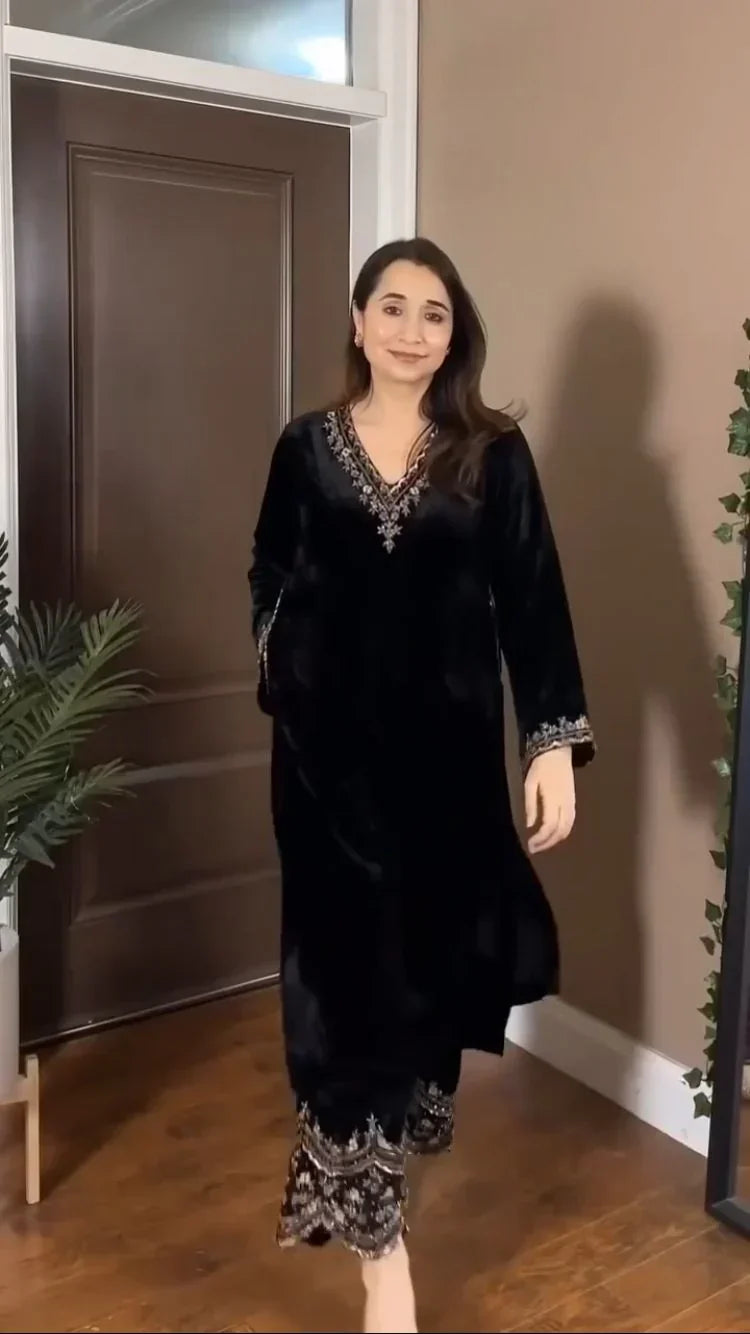 Premium Viscose Velvet Fancy Suit Set for Women – Designer Embroidered Kurta & Velvet Pants | Festive & Party Wear