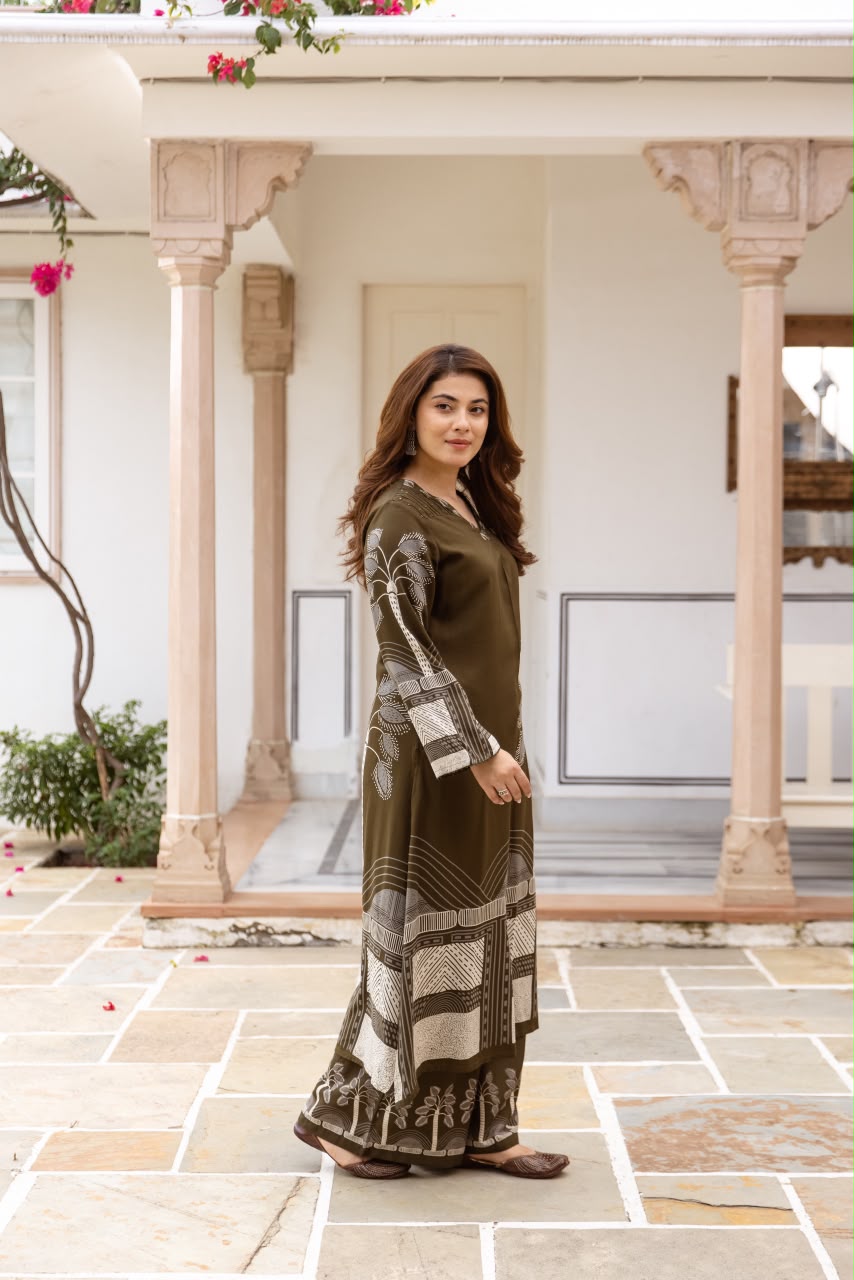 Olive Green Rayon  Kurti  Set