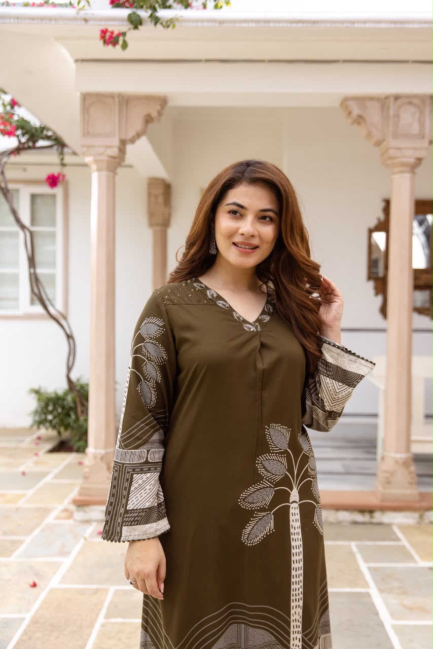 Olive Green Rayon  Kurti  Set