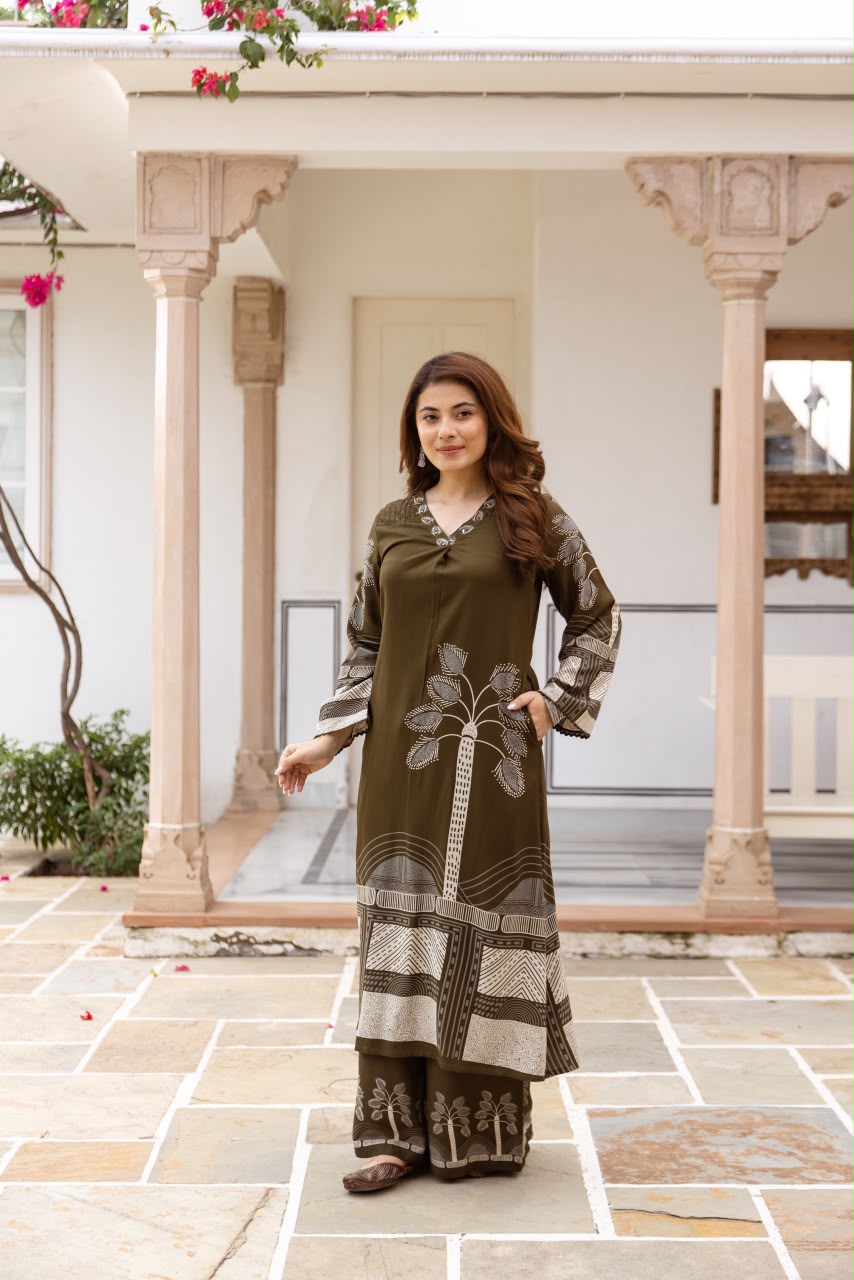 Olive Green Rayon  Kurti  Set