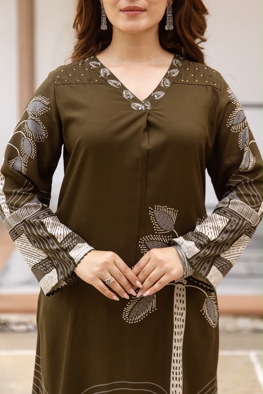 Olive Green Rayon  Kurti  Set