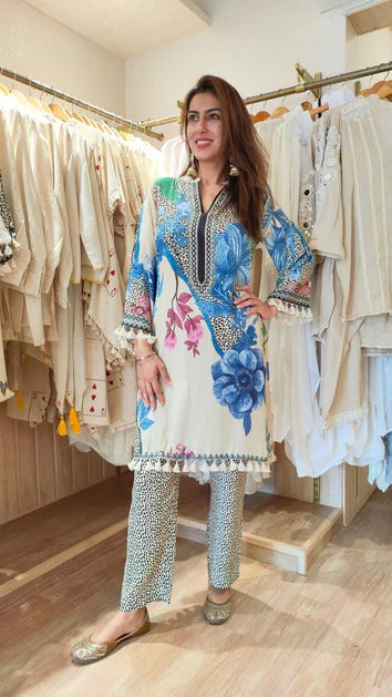 Masaaba hand embrodairy floral print muslin cordset for women