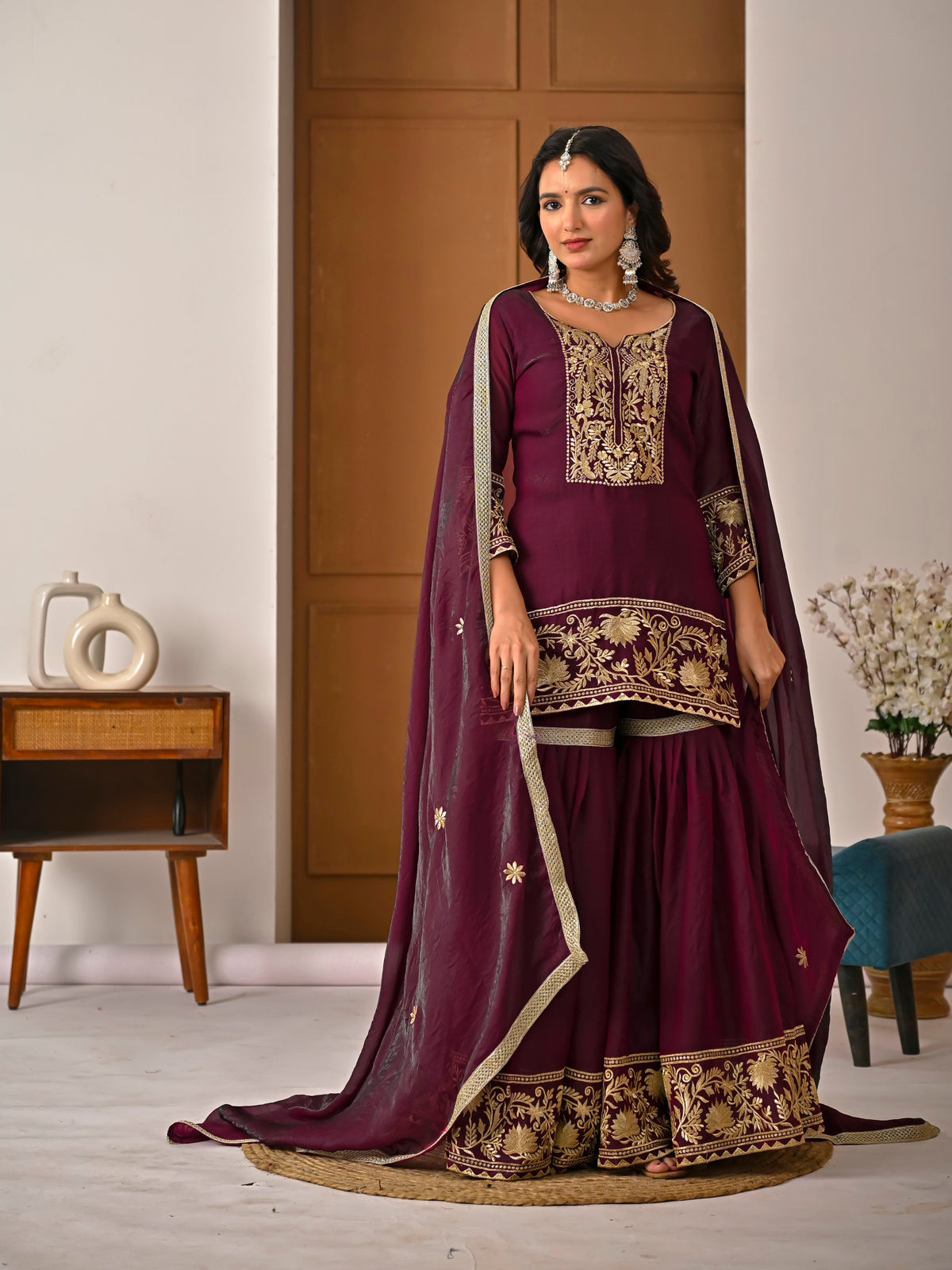 Wine Color Embroidered Fendy Silk Sharara Set | Your Designer Store