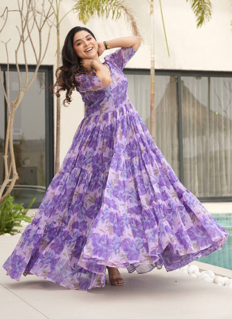 Purple Flower Printed Georgette Party Wear Dress