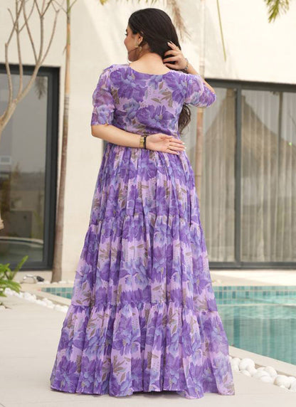 Purple Flower Printed Georgette Party Wear Dress