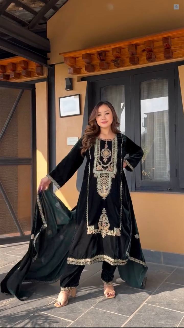 Designer Velvet Embroidered Suit Set with Heavy Sequin Work for Women