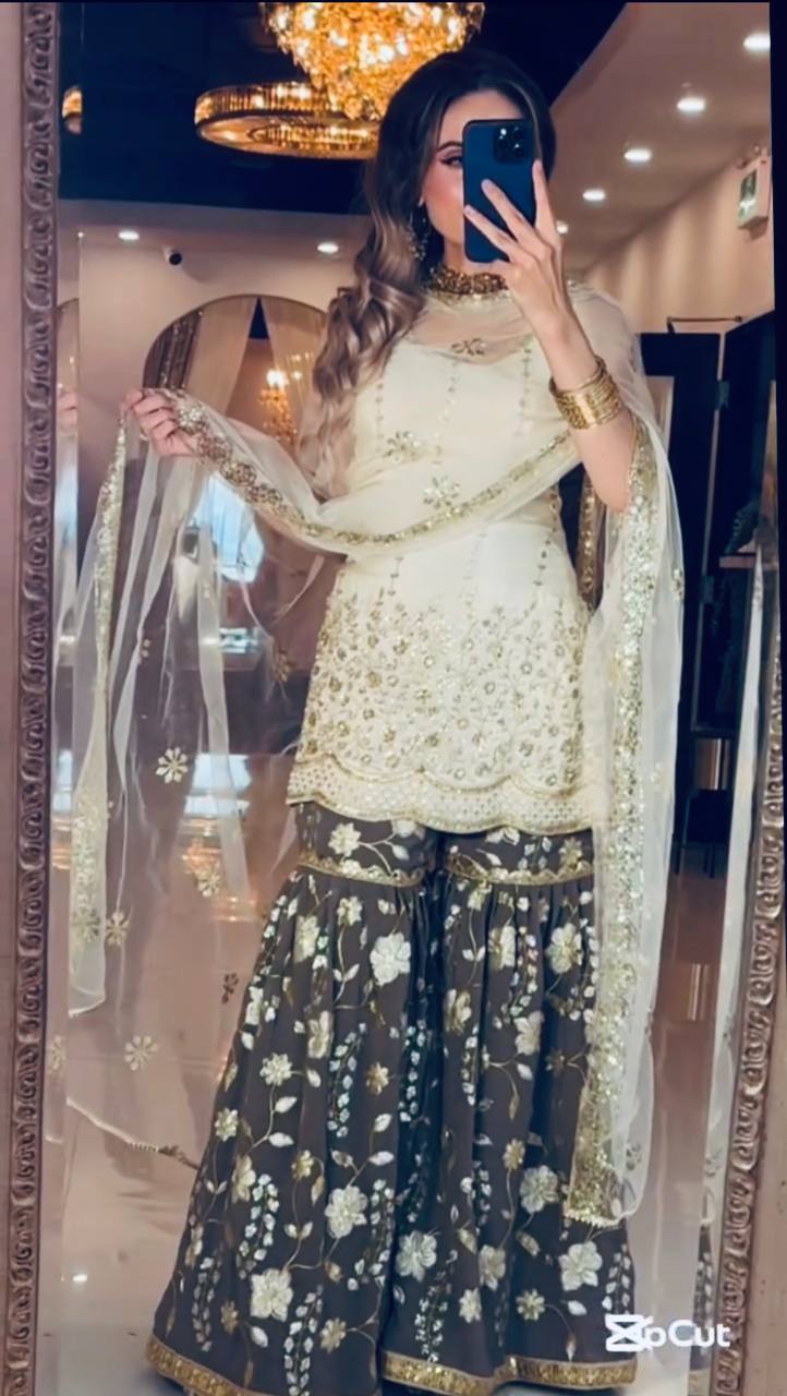 Premium Chinnon Silk Embroidered Sharara Set with Dupatta