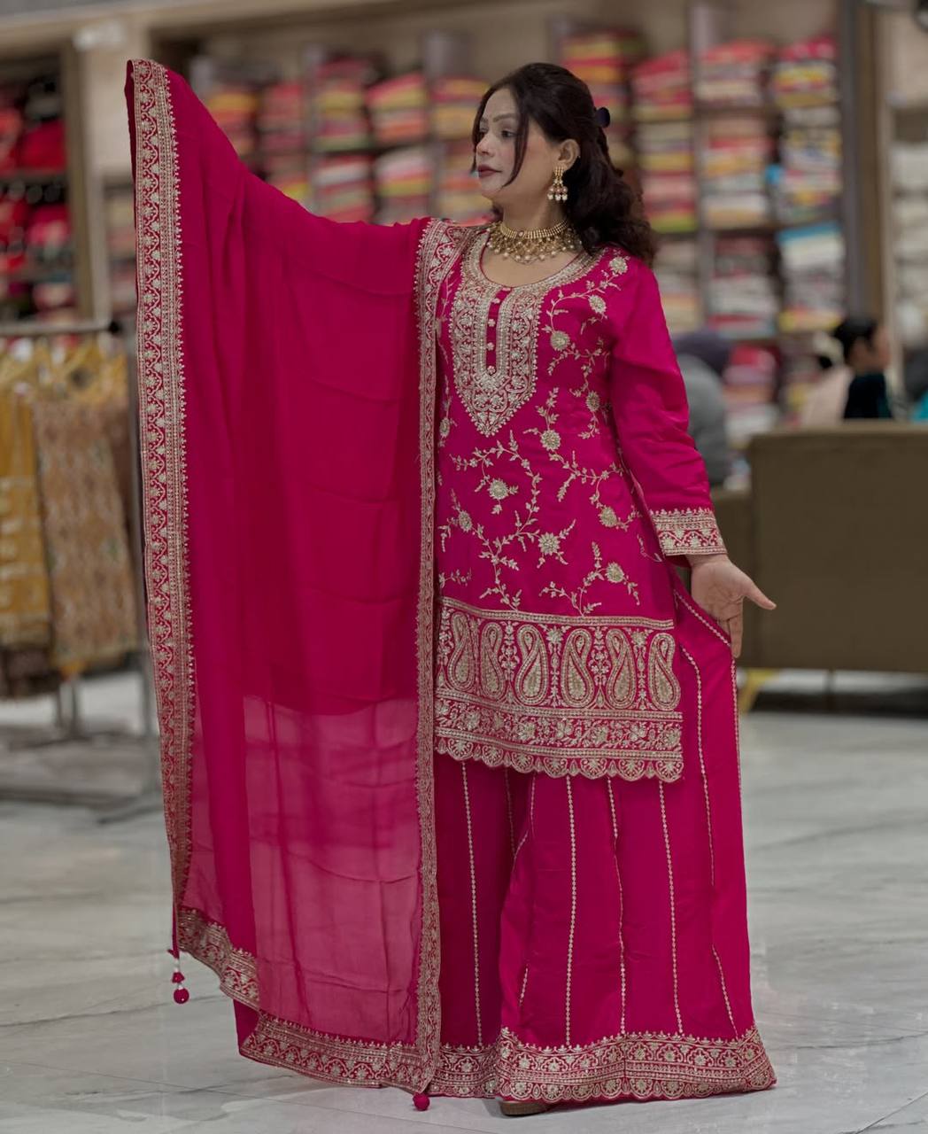 Designer Chinnon Silk Sharara Suit for Women | Embroidered