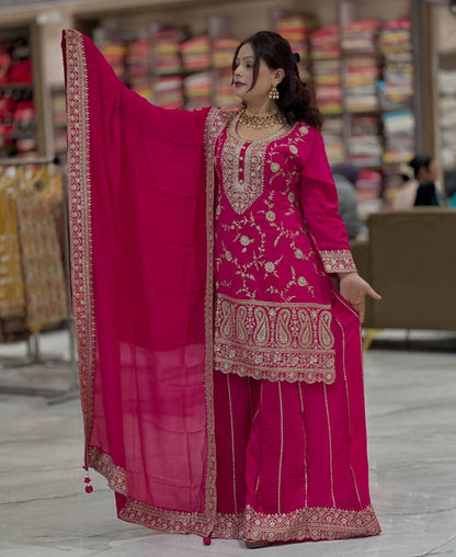 Designer Chinnon Silk Sharara Suit for Women | Embroidered