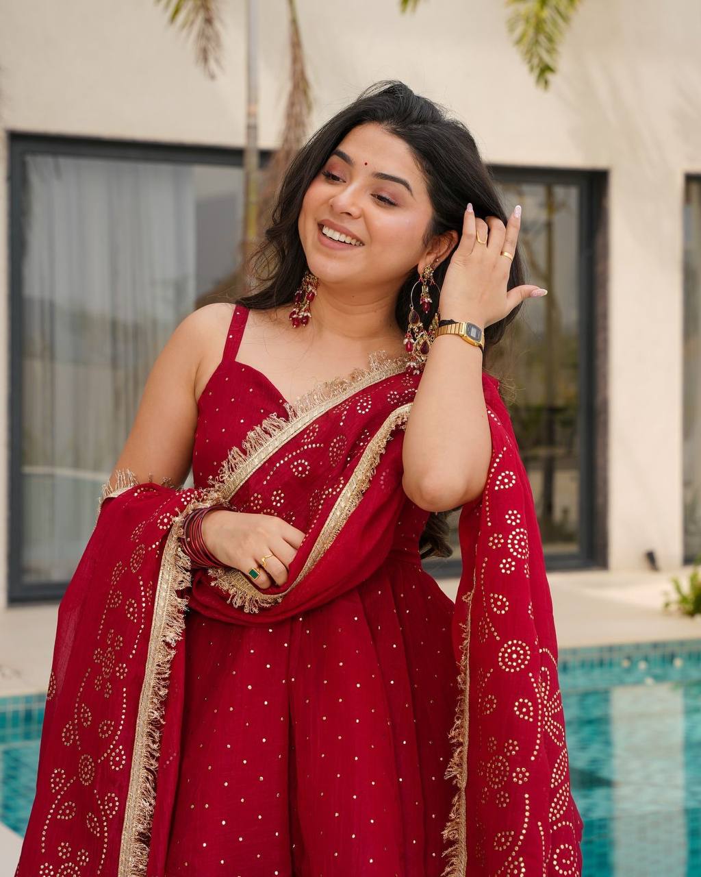 Red Tabby Organza Mukesh Work Suit Set | Your Designer Studio