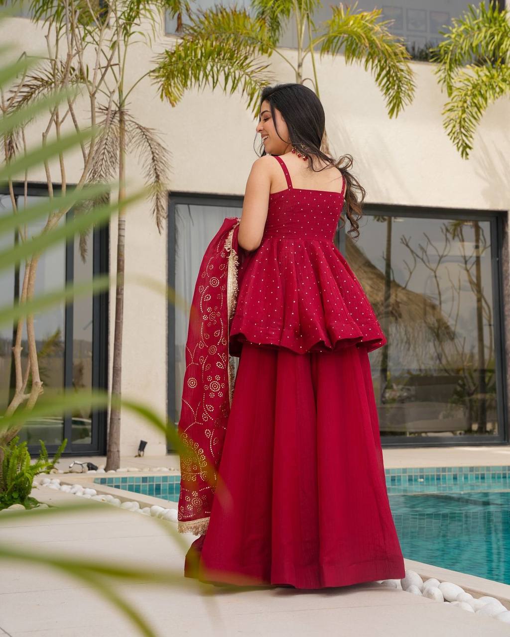 Red Tabby Organza Mukesh Work Suit Set | Your Designer Studio