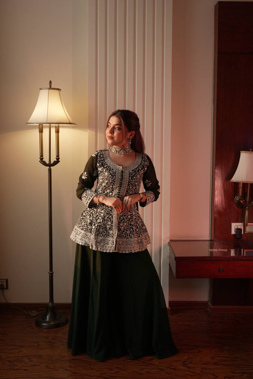 Black Georgette Embroidered Kurti Palazzo Set with Dupatta