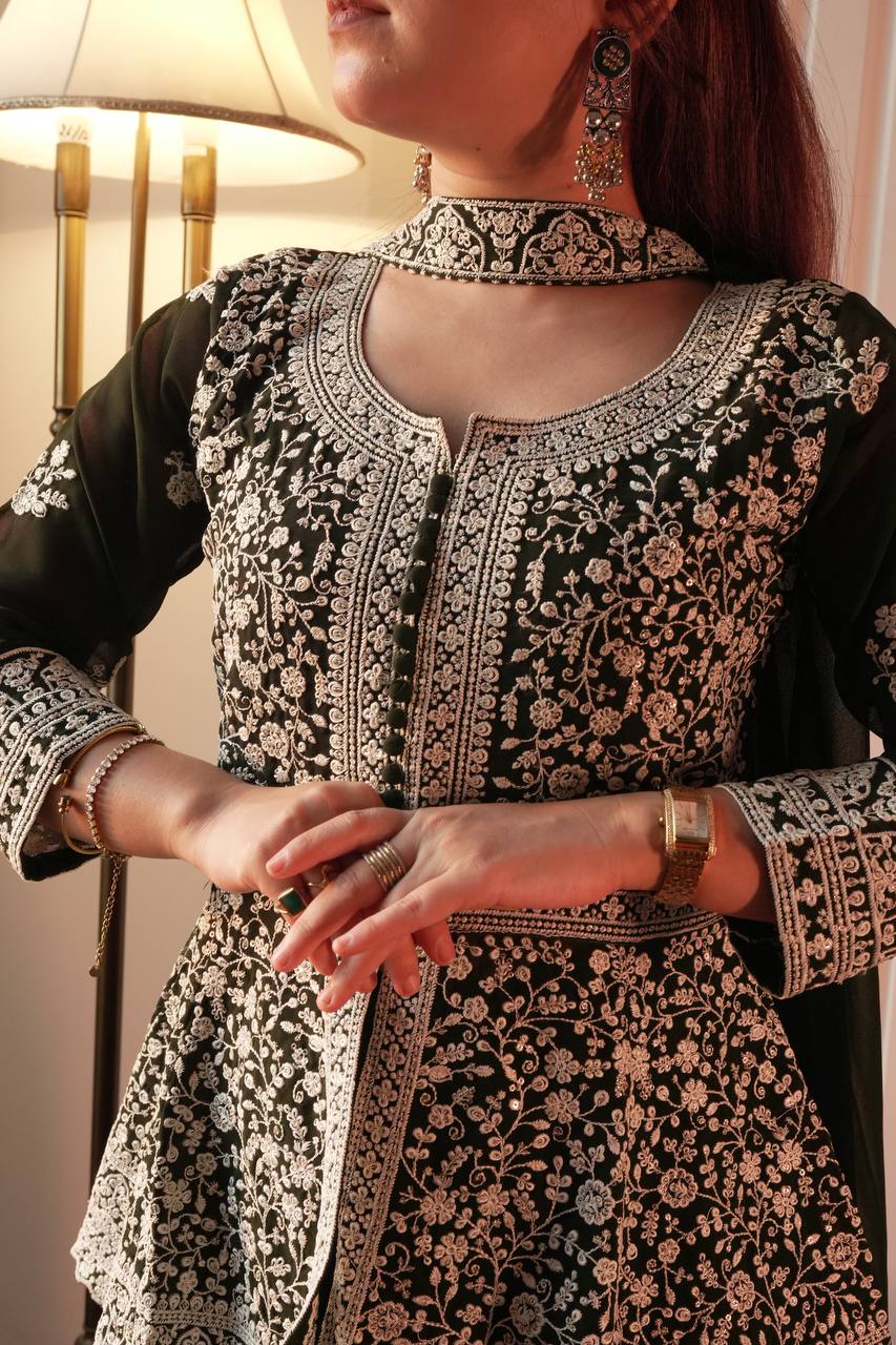 Black Georgette Embroidered Kurti Palazzo Set with Dupatta