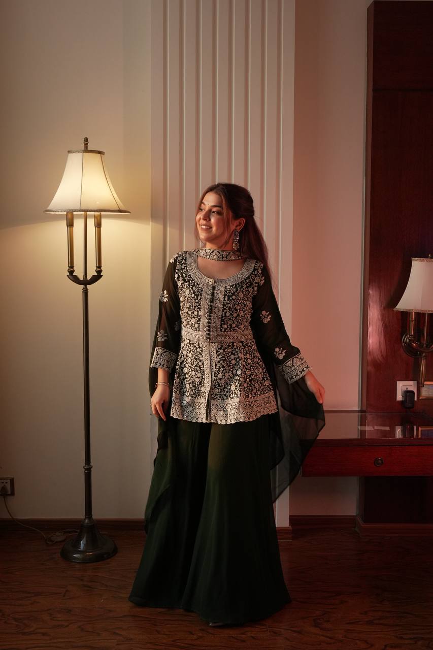 Black Georgette Embroidered Kurti Palazzo Set with Dupatta