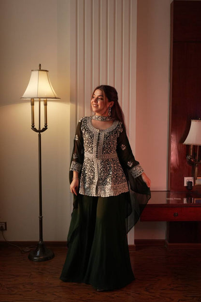 Black Georgette Embroidered Kurti Palazzo Set with Dupatta