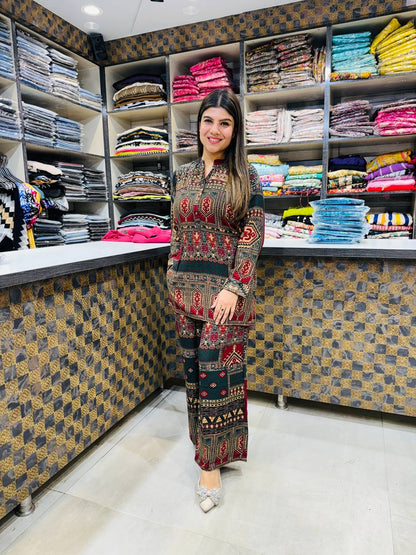 Printed Asymmetric Red And Green Top With Palazzo Set