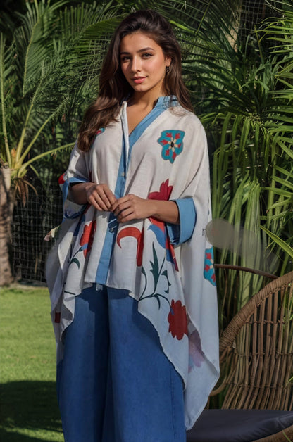 Blue Aura Artistic Flower Printed Loose Shirt