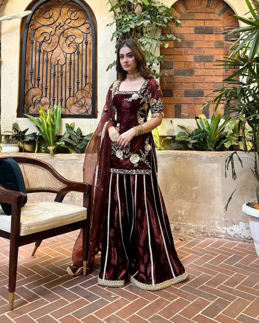 Premium Designer Velvet Sharara Suit with Heavy Embroidery & Net Dupatta