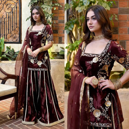 Premium Designer Velvet Sharara Suit with Heavy Embroidery & Net Dupatta